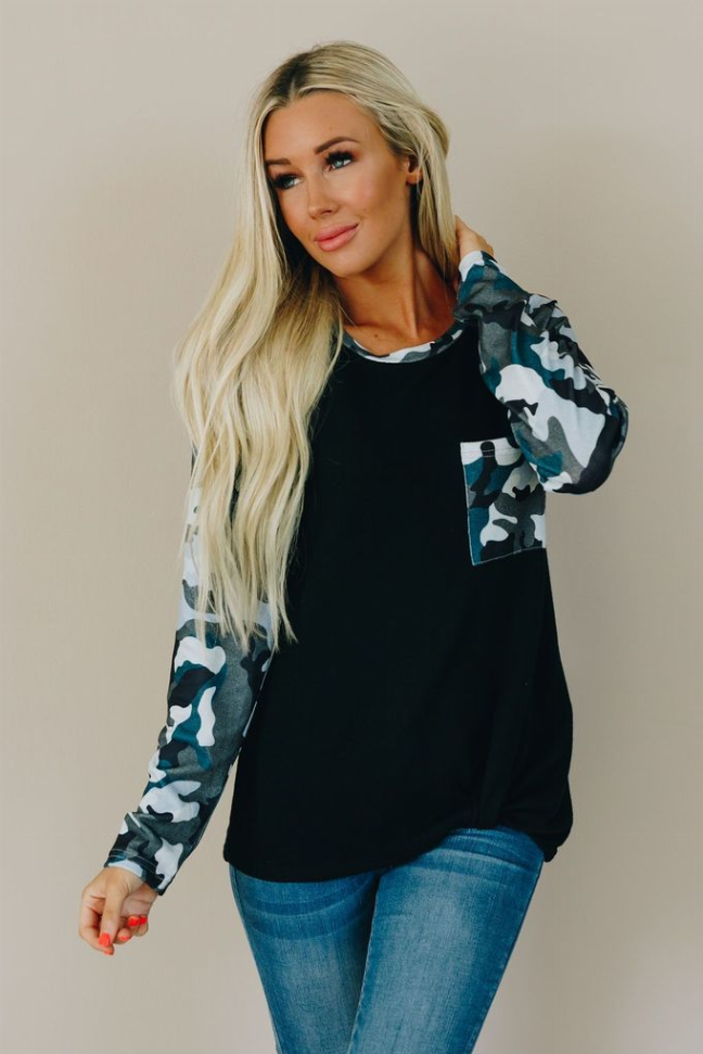 Women's black camo long-sleeve top with blue-gray camo sleeves, front view