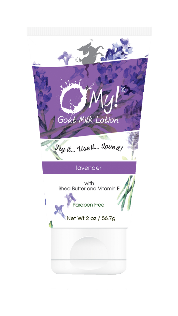 Lavender goat milk lotion bottle, purple label on white pump container