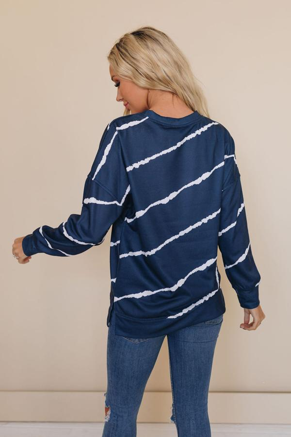 Navy tie-dye pullover with white wave stripes, crew neck, long sleeves (back view)