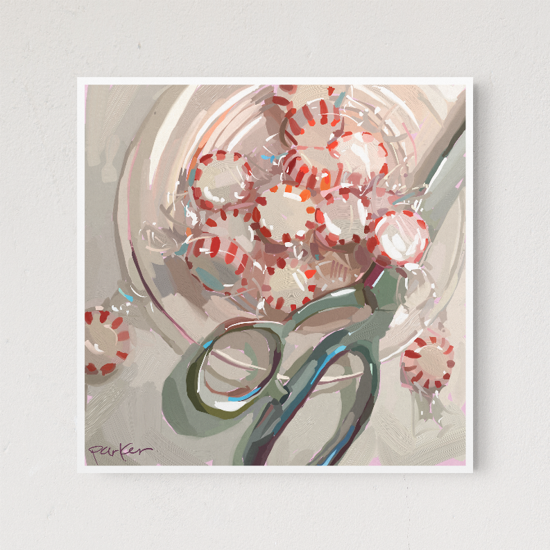Close-up framed abstract wall art print with red circular motifs and muted green-grey elements