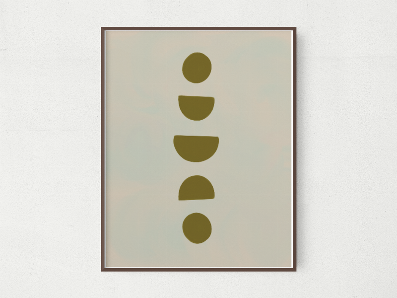 Framed wall art print with thin border, vertical stack of olive semicircles and dots
