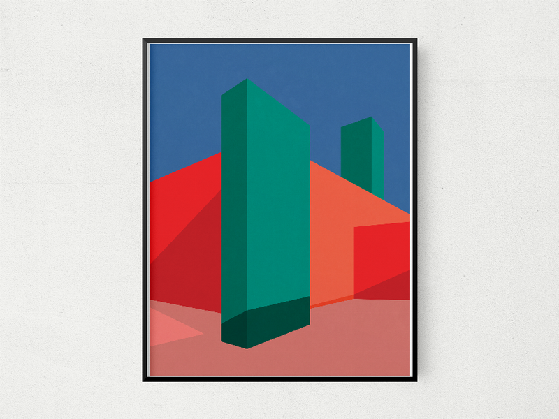 Geometric wall art with tall teal form and red surfaces in a blue scene