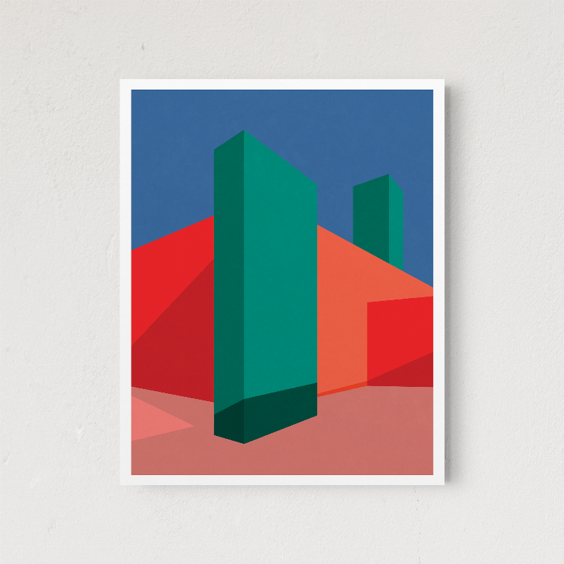 White-framed geometric wall art with teal and red building-like shapes on blue