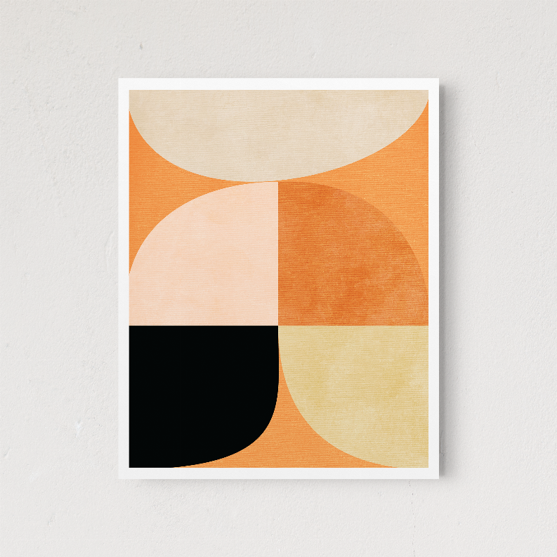 Framed abstract print with orange, beige, and black quarter-circle color blocks