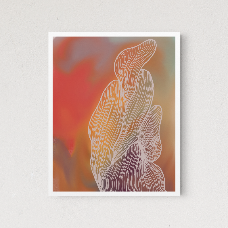 White-framed abstract wall print with orange and purple flowing contour lines