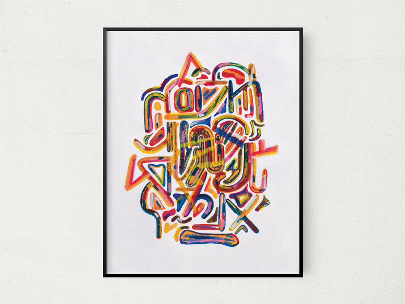 Framed abstract wall art print with colorful graffiti-style shapes, black frame