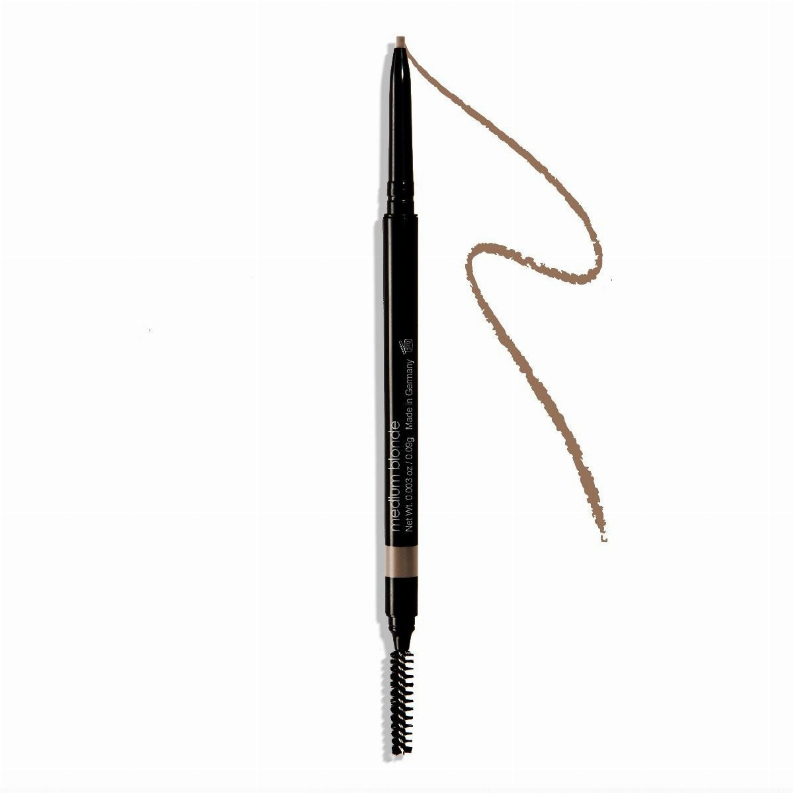 Retractable waterproof brow pencil with medium-brown shade tip and spoolie brush