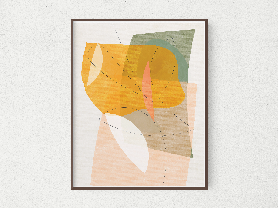 Framed abstract watercolor-style artwork with layered yellow, orange, green, and peach forms