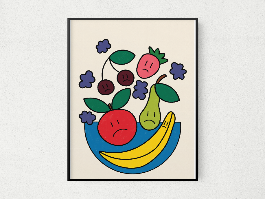 True Reality fruit illustration art print in black frame