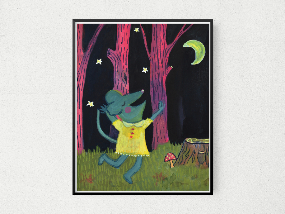 Framed wall art print with dancing rabbit, green grass, mushroom, and crescent moon