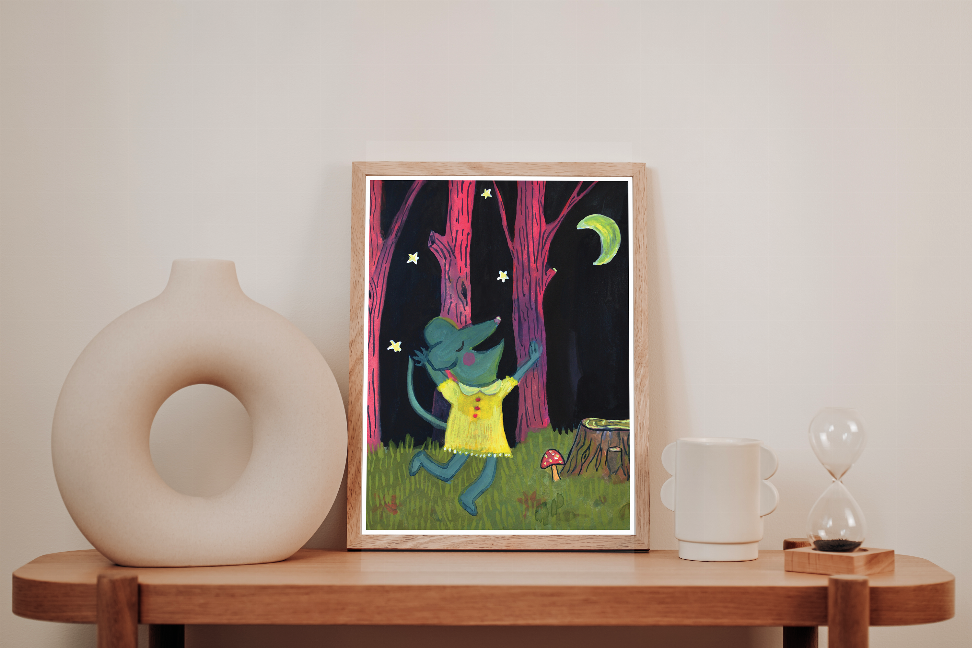 Framed wall art print showing a dancing teal rabbit under a crescent moon in a forest