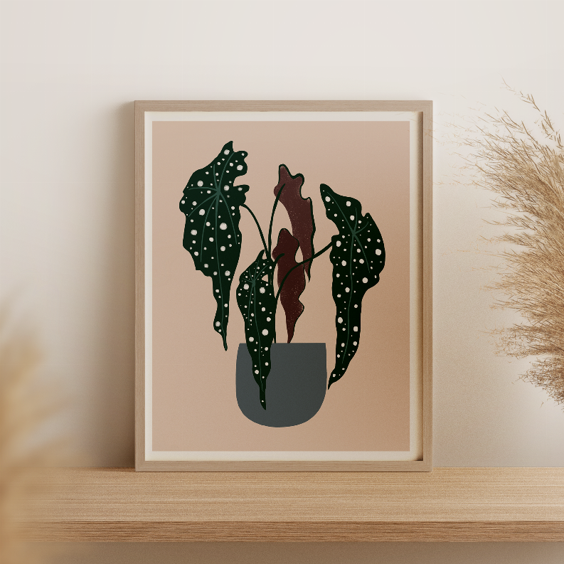 Framed polka dot begonia botanical print in light wood frame, slightly angled.