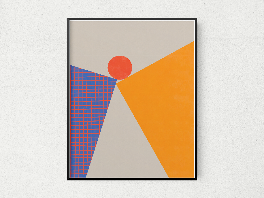 Black-framed abstract wall art with red circle, orange shapes, and blue grid