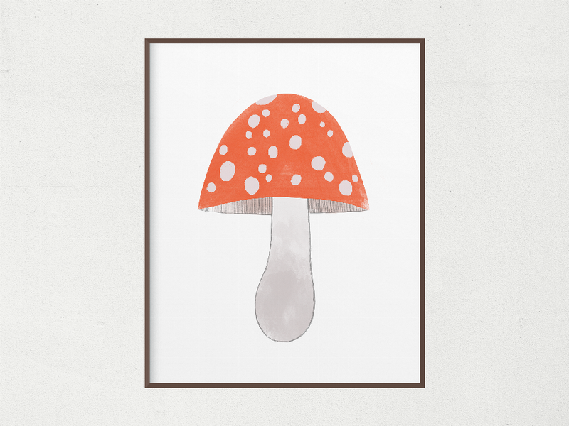 Framed mushroom wall art print with orange polka-dot cap and gray stem on white