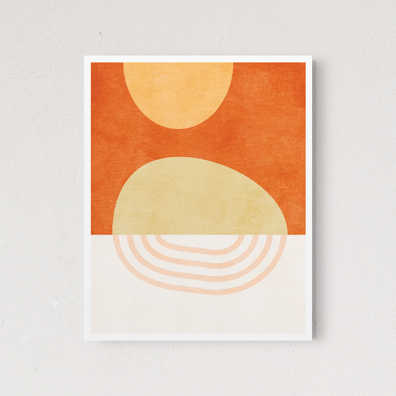 Framed abstract wall art print: orange background, beige semicircle, and curved line bands