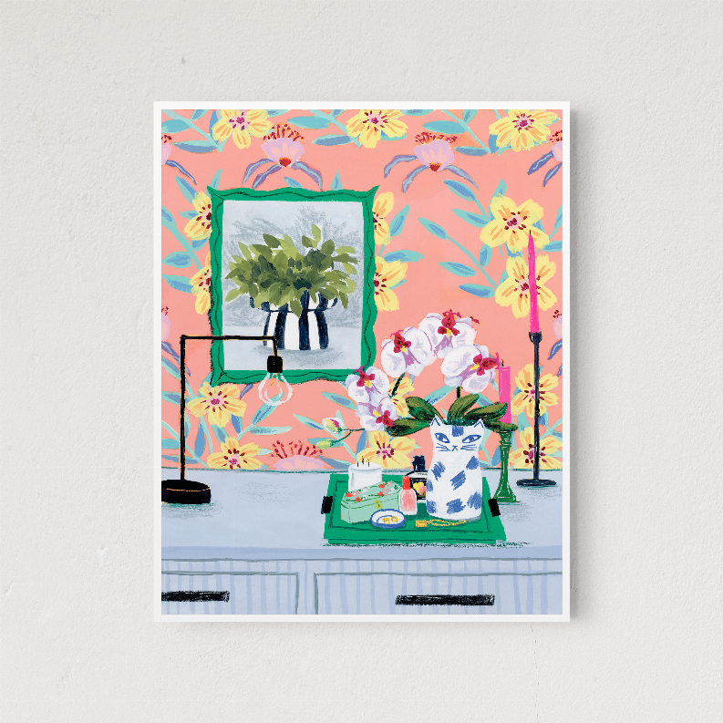 Mounted illustrated wallpaper print with pink florals, teals, and whimsical cat scene