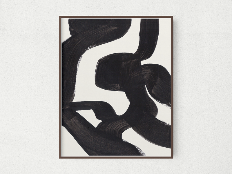Framed abstract ink artwork, black brush swirls on off-white, white mat