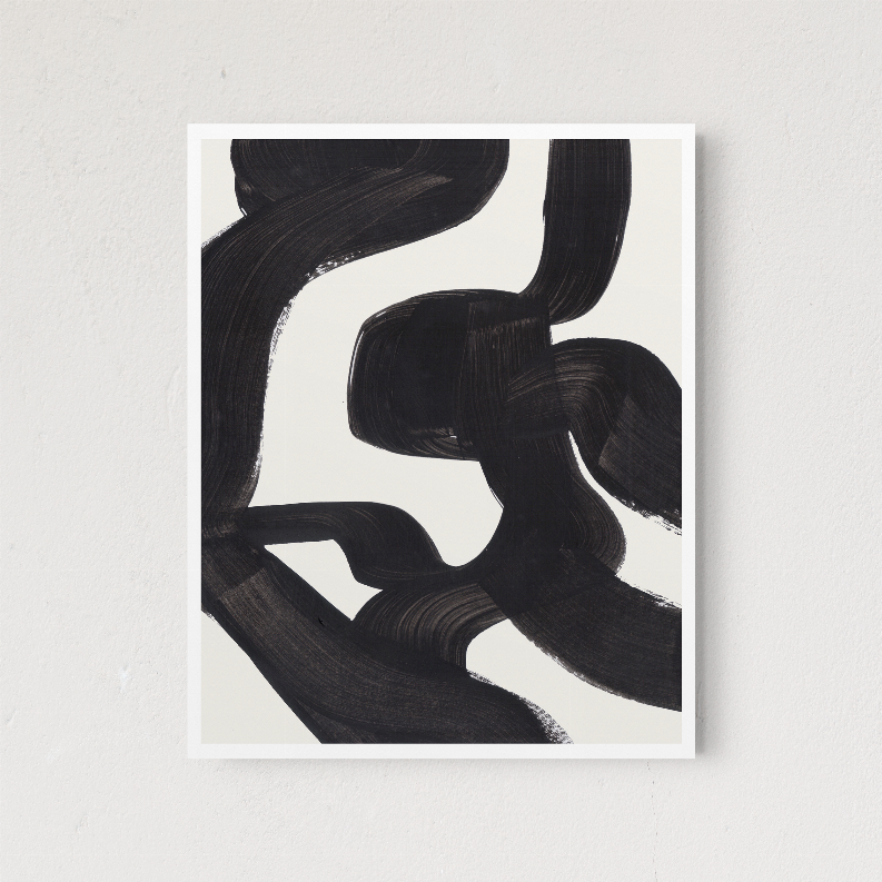 Framed abstract ink artwork close-up: black sweeping forms on off-white