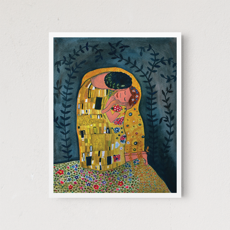 Framed art print with woman in yellow, dark blue leafy arch, and golden mosaic