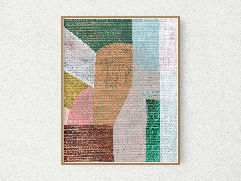 Framed abstract wall art print with textured geometric pattern and orange central column