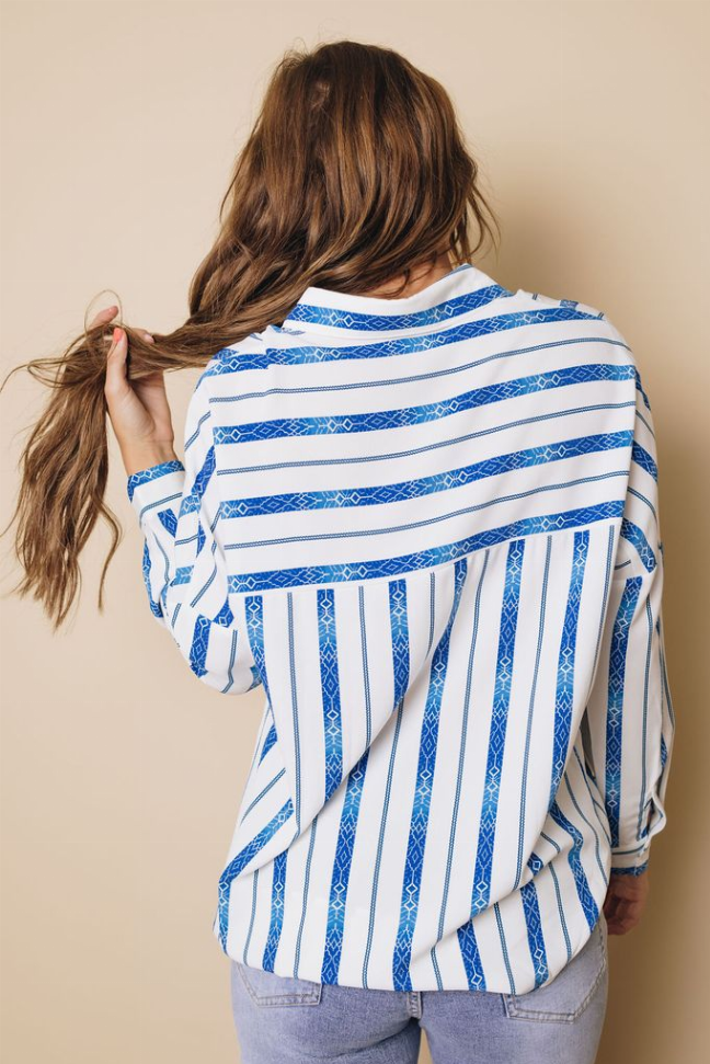 Blue-and-white striped button-down shirt, back view with horizontal stripe bands