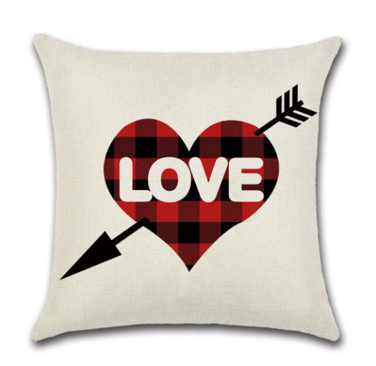 Beige Valentine pillow cover with plaid heart LOVE and arrow graphic