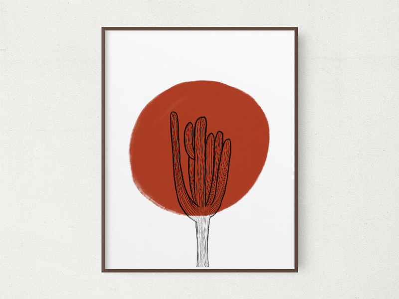 Framed cactus wall art with rust-red circle and line-drawn desert plant, black frame