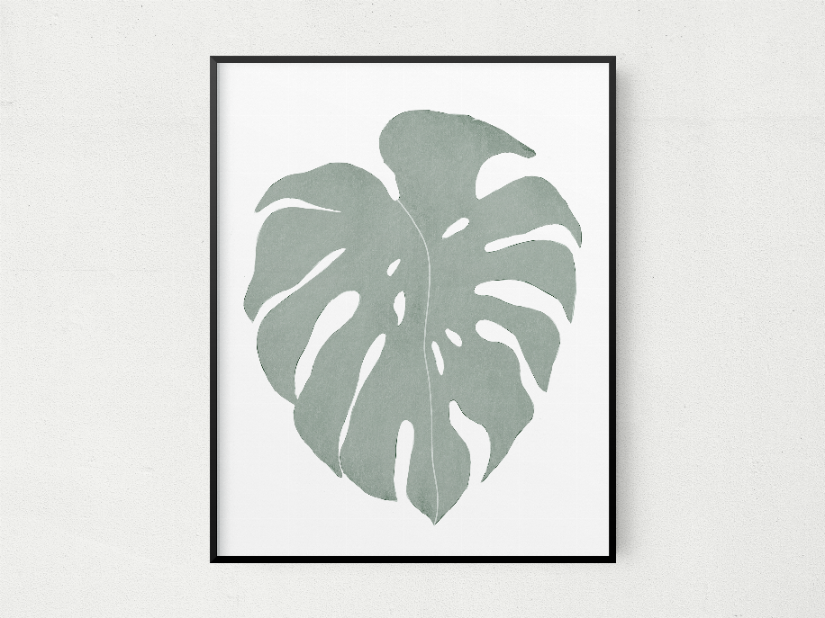 Framed monstera leaf wall print with black border, muted green leaf on white