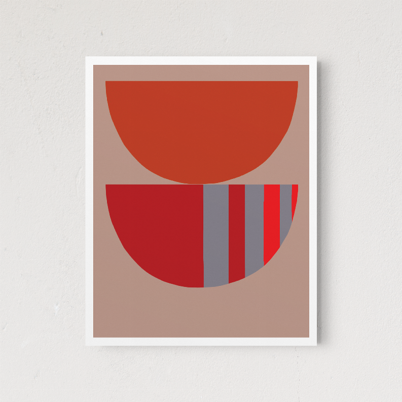 Framed abstract art print: stacked red semicircles with blue vertical stripes