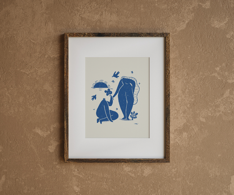 Dark wood-framed art print featuring blue couple illustration on a light mat
