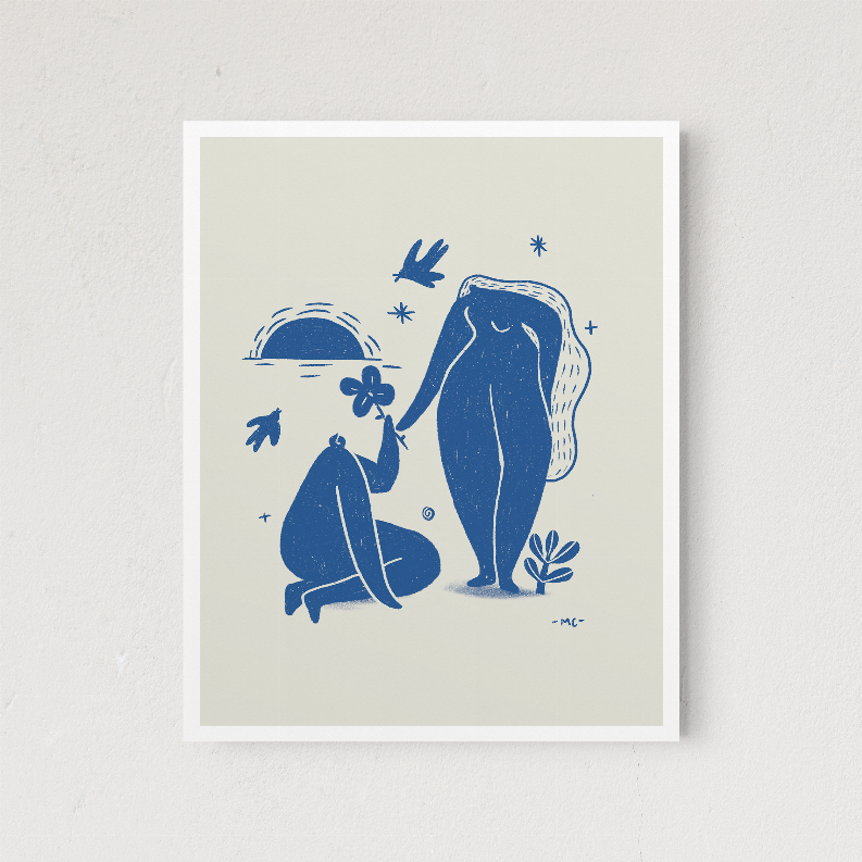 White-matted art print with blue couple illustration, two figures with star details