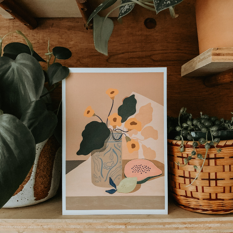 Framed Lemon Papaya art print with vase, watermelon slice, and papaya fruit illustration