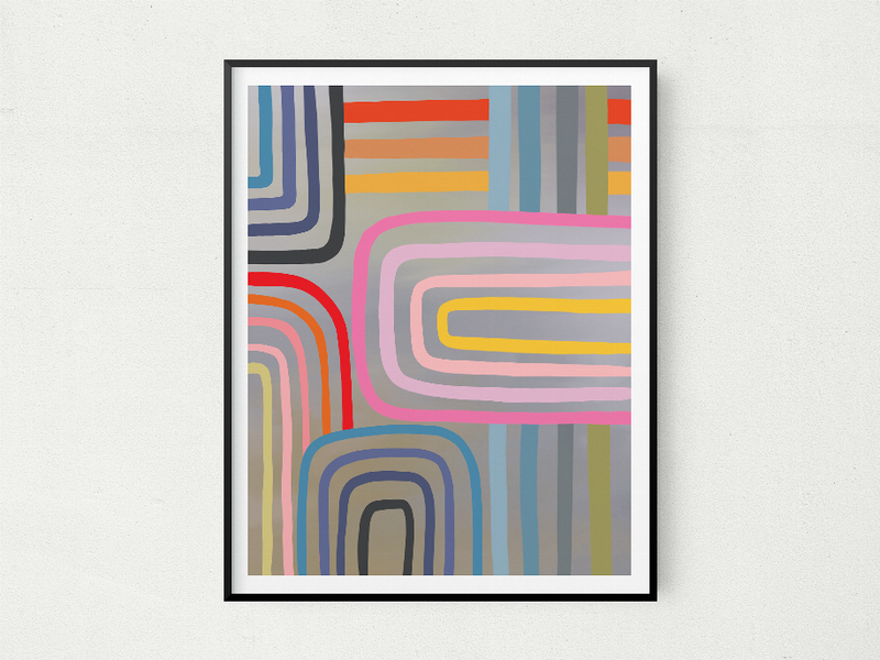 Framed abstract maze line art print with multicolor stripes and curving rectangles