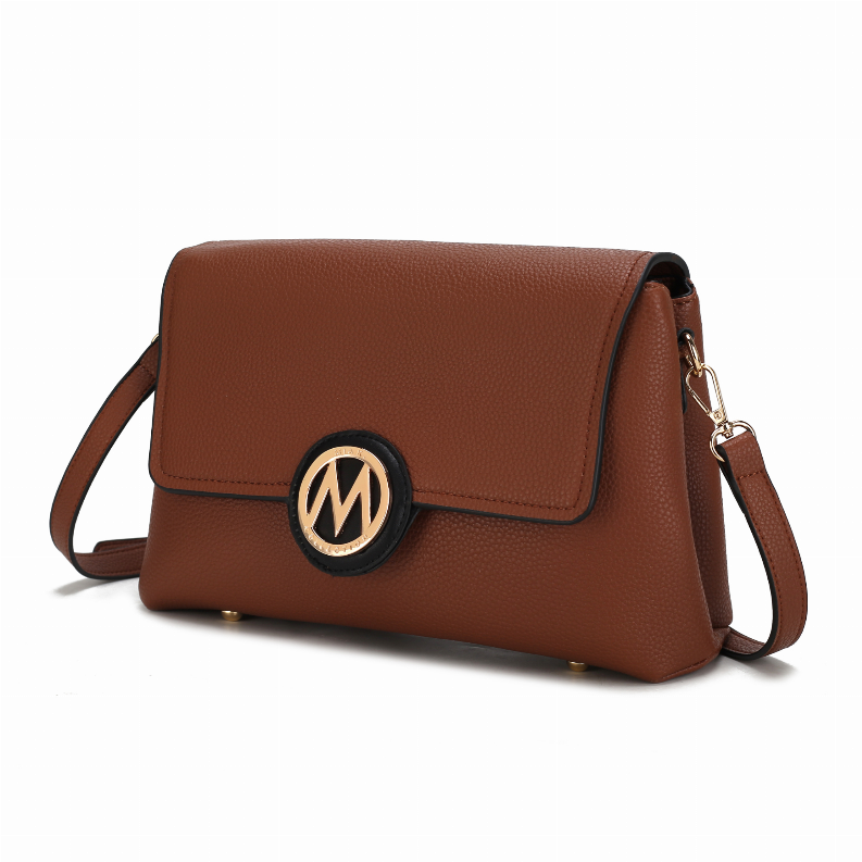 Brown crossbody bag with front flap, round logo clasp, and crossbody strap hardware.