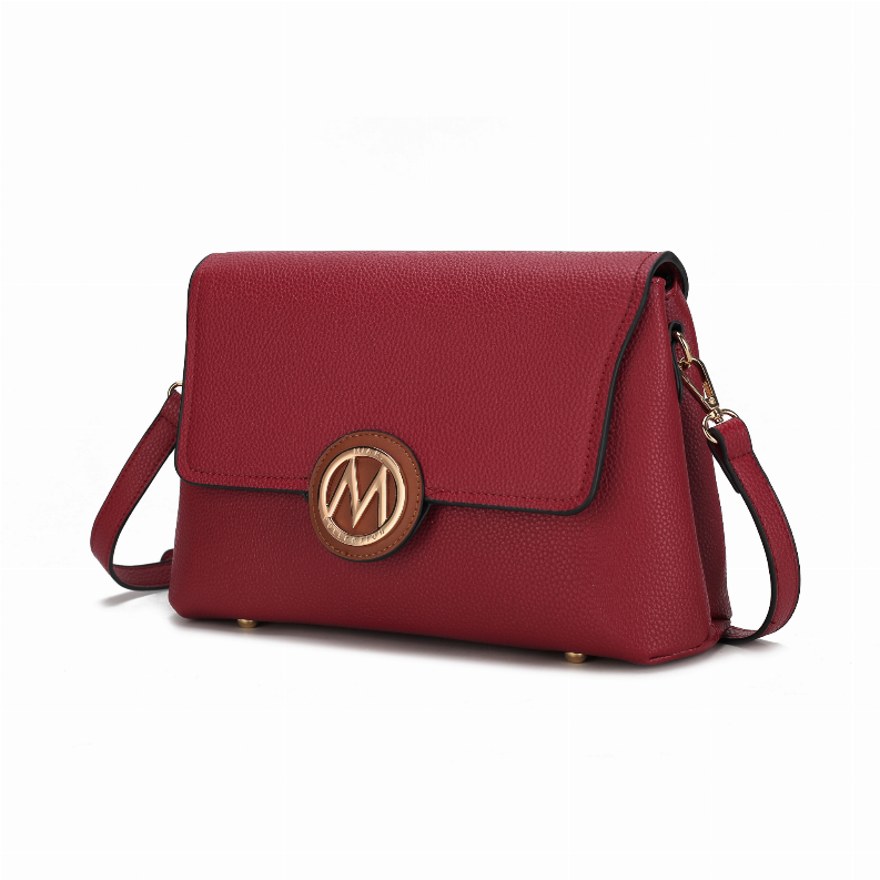 Structured red crossbody bag with flap closure, gold-tone logo clasp, and shoulder strap.