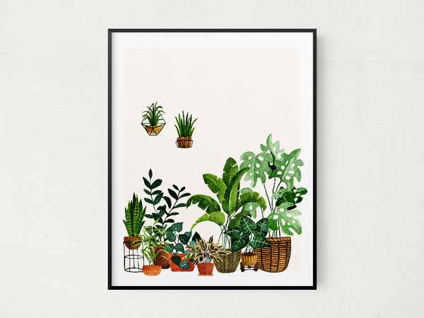 Framed botanical print with assorted potted plants and small baskets