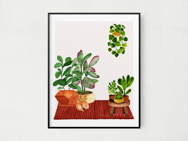 Framed botanical print with leafy potted plants on a table and rug