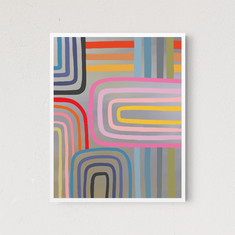 Framed abstract geometric wall art with multicolor maze-like stripe curves