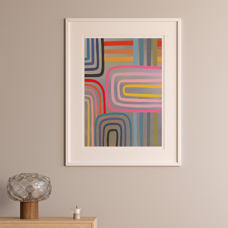 White-framed abstract geometric art print with colorful arch and line design