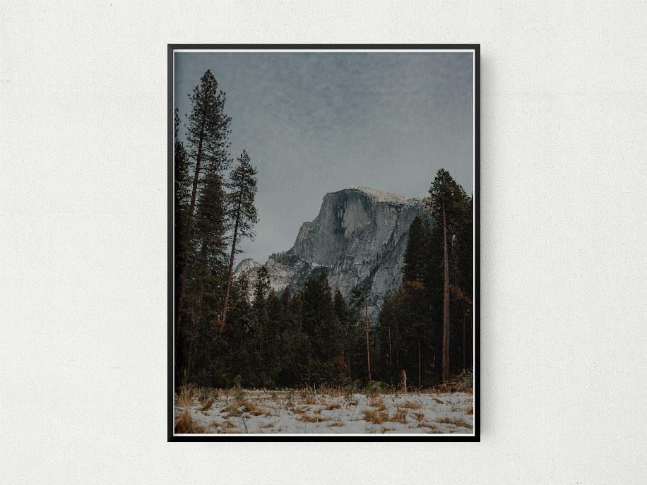 Framed Half Dome landscape print with pine trees, dark mountain, and snowy ground