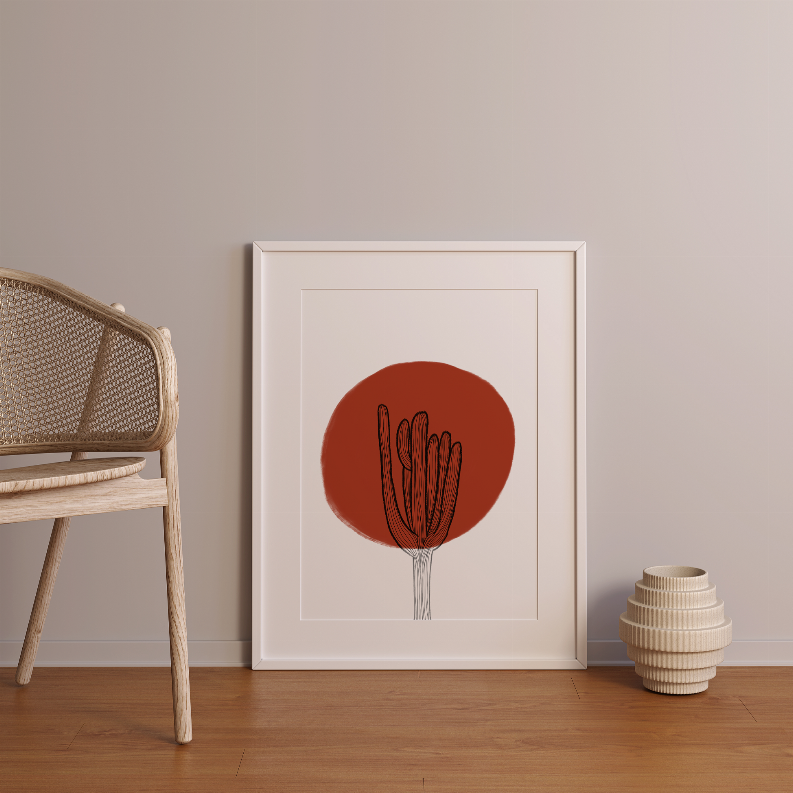 Framed wall art print with red sun-circle cactus motif and thin stem