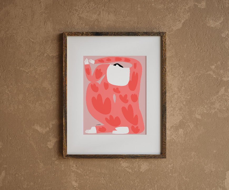 Framed wall art centered: red camouflage pattern with white cat, rustic frame