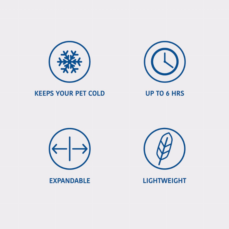 Blue cooling-vest feature icons: keeps pet cold, up to hrs, expandable, light