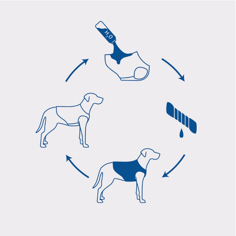 Pet cooling vest illustration with dog outline and cooling droplet arrows