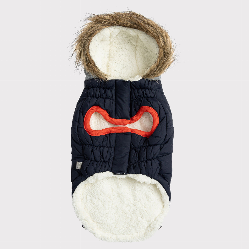 Dark navy dog parka rear view with gray faux-fur hood and plush white lower lining