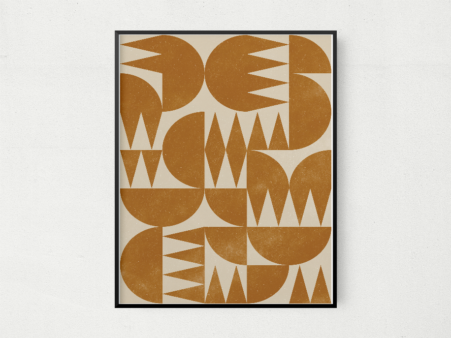 Square framed abstract woodblock-style print, warm brown shapes on off-white mat