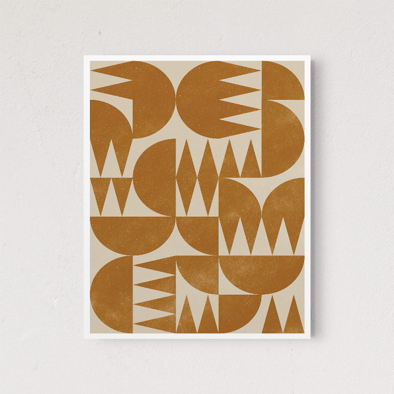 Square framed abstract woodblock-style print, warm brown pattern with white zigzag accents