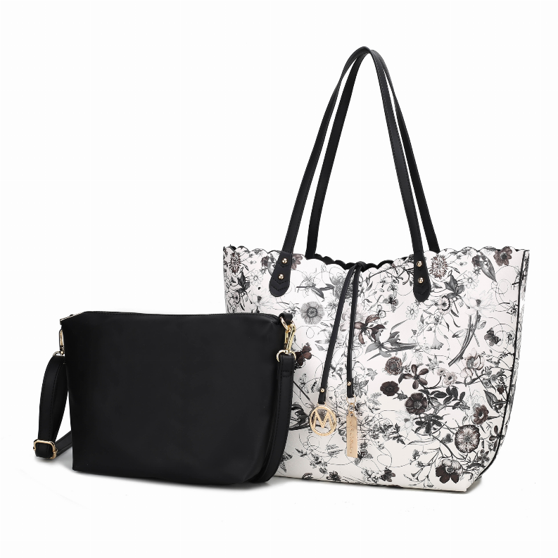 Floral-print tote with black handles and matching crossbody zipper pouch, reversible set