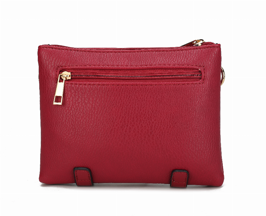 Red small crossbody bag front with center zip pocket and gold zipper pull