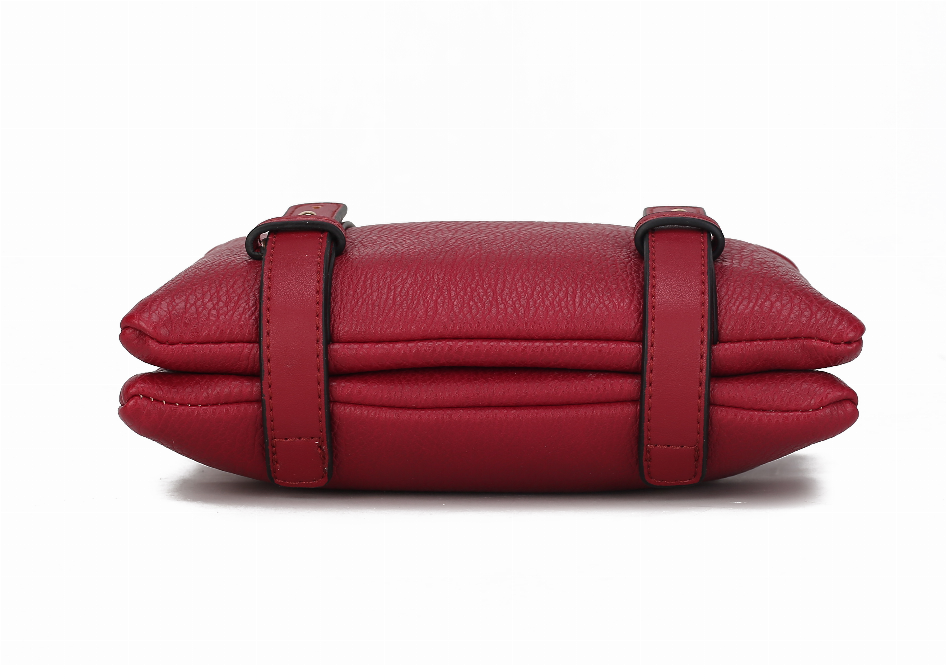 Red crossbody bag side profile with rolled shape and two front straps